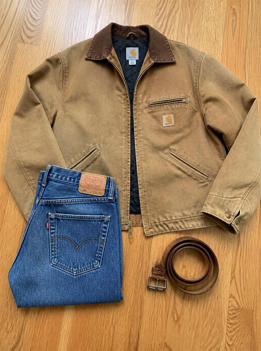 Tan work jacket with folded denim jeans and a leather belt