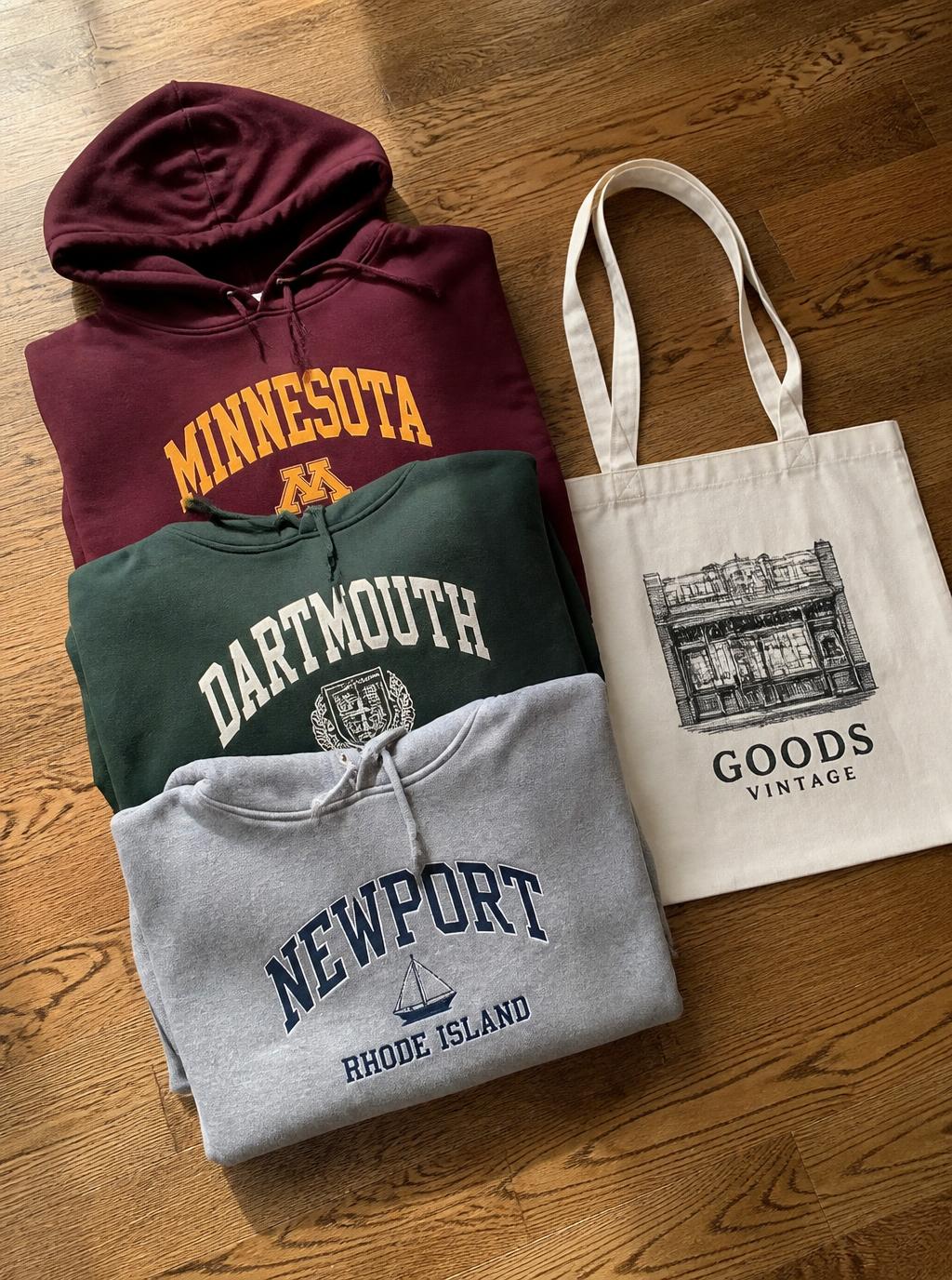 Stack of burgundy, green and grey hoodies beside a canvas tote bag